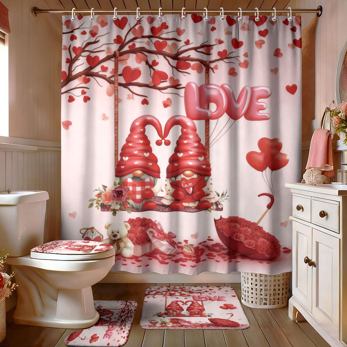 4pcs Valentine s Day Pink Romantic Love Gnome Print Bathroom Set 180x180 Waterproof Shower Curtain Floor Mat U-shaped Toilet Mat Regular