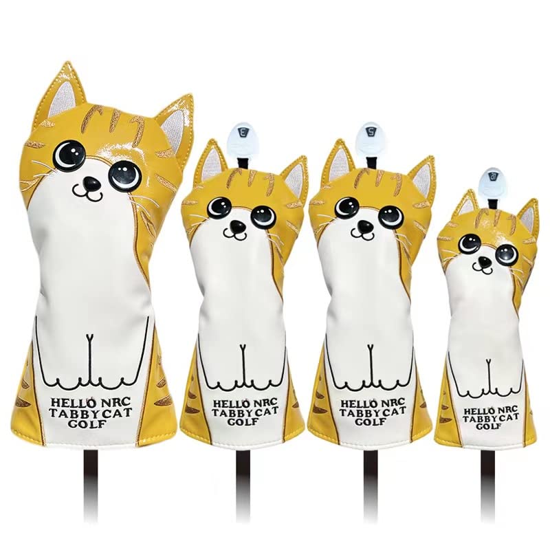 Golf Head Cover Driver Cover Wood Cover UT Cover Tabby Cat (yellow, 4-piece Set)