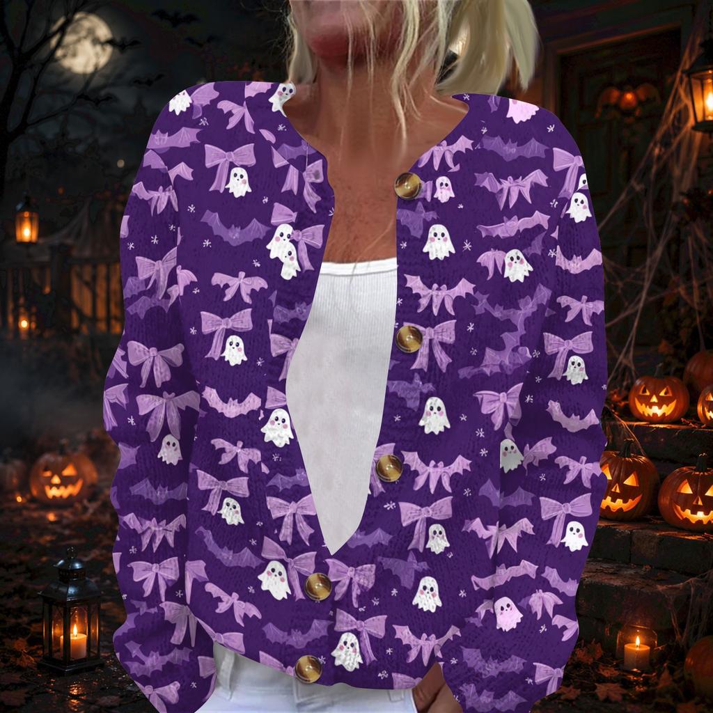 Damen Strickjacke mit langen Ärmeln und Halloween-Print, Pullover mit Knopfleiste für Herbst-Party-Outfits