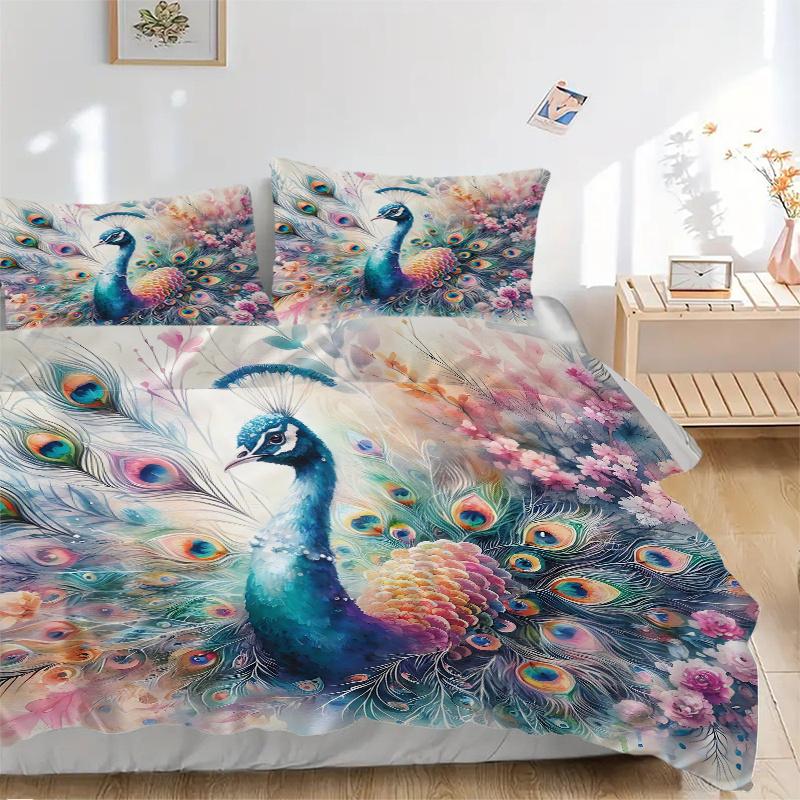 3pcs Colorful Peacock with Feathers Spread Amidst Flowers and Nature's Beauty Pattern Bedding Three-Piece Set (1 Cover + 2 Pillowcases, No Fillings)