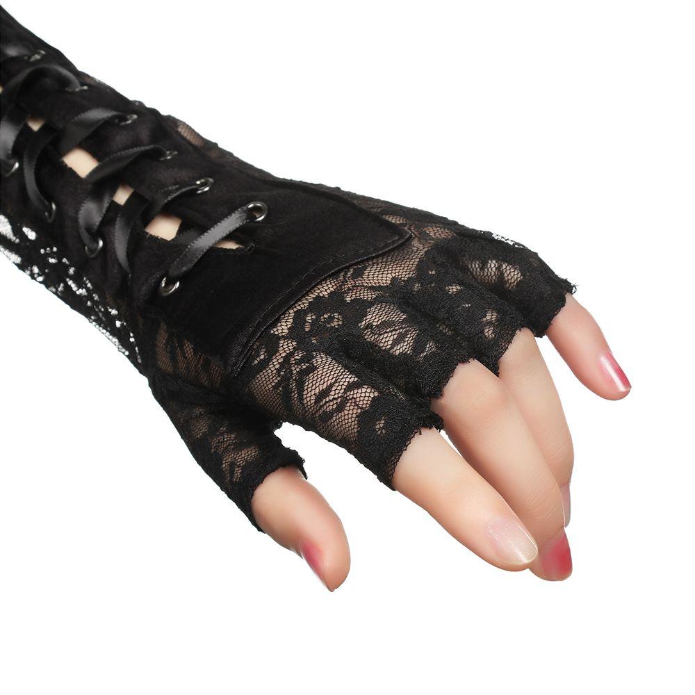 Fashion Long Fingerless Party Cosplay Silk Ribbon Lace Gloves Halloween Gloves Punk Gothic Mittens