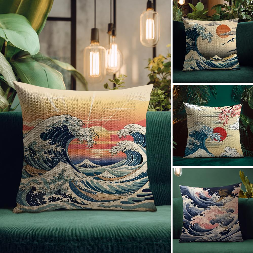 Waves Japanese Style Cushion Cover Natural Linen Pillow Case DoubleSided Print Decorative Sofa Pillowcase Home Decor Gift