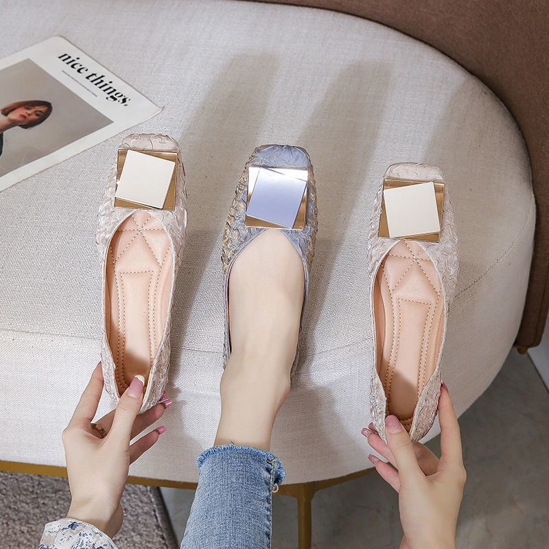 Fairy Wind Gentle Single Shoes Late Evening Wind Square Head Flat Bottom Laden Shoes New French Boat Shoes Female Summer Bean Shoes Female