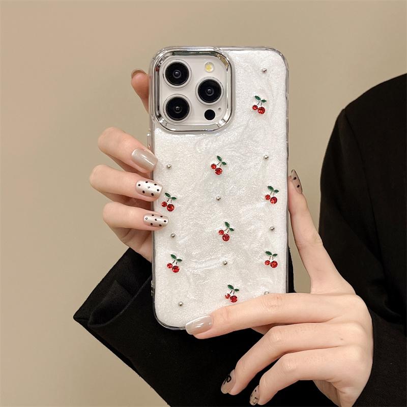 

Модный сверкающий милый 3D чехол для телефона с блестками вишневого цвета для iPhone 16 15 13 12 11, ультратонкий чехол с гальваническим металлическим кольцом для камеры iPhone 13 Pro Max красный