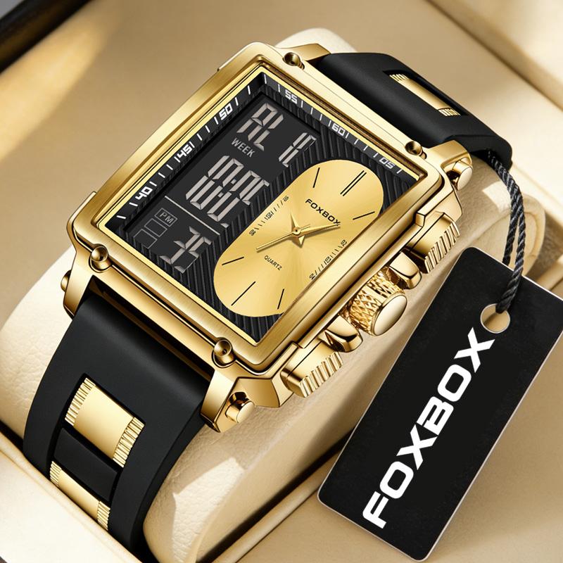 FOXBOX Top Brand Luxury Men Watch Fashion Square Watch Men Casual Sports Waterproof Double Display Watch Relogio Masculino