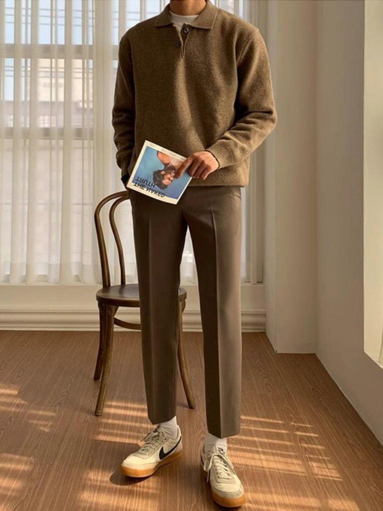 Suéter Polo Masculino de Alta Qualidade Estilo Coreano Cor Sólida - Tricô Casual Tendência com Gola para Outono