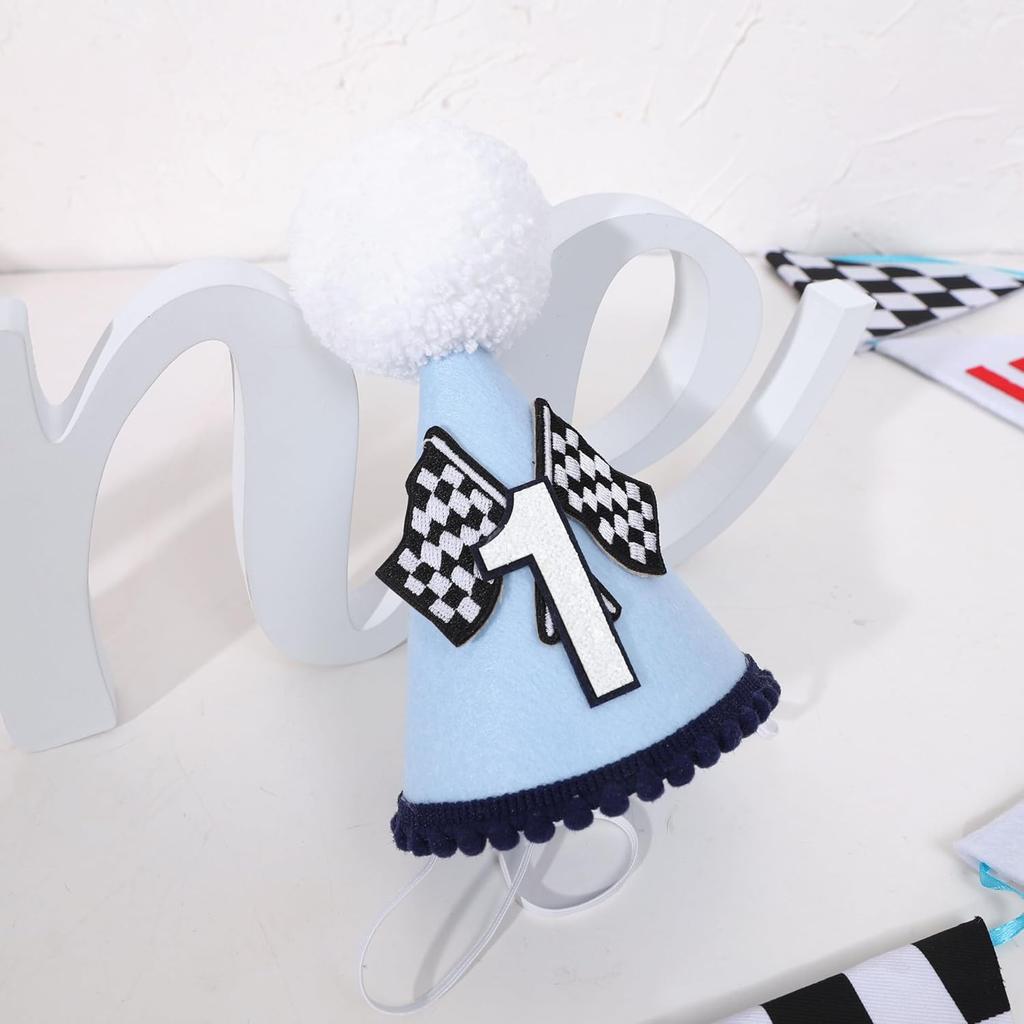 Fast One 1st Birthday Hat for Boys - Blue Race Car Themed Crown and Decorations for First Birthday Celebration