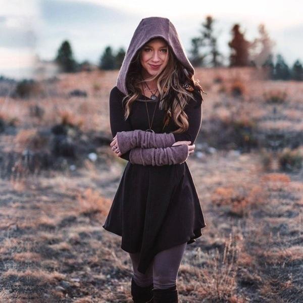 Buy Women's Gothic Hooded Black Skirt Waist Pleated Dress Hoodies