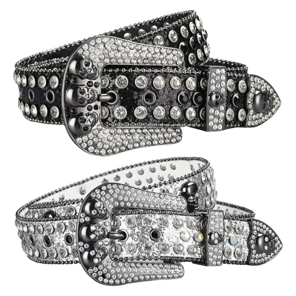 Skull Buckle Rhinestone Studded Belt Trendy Waistband  Jeans Short Skirt Women Men Accessories