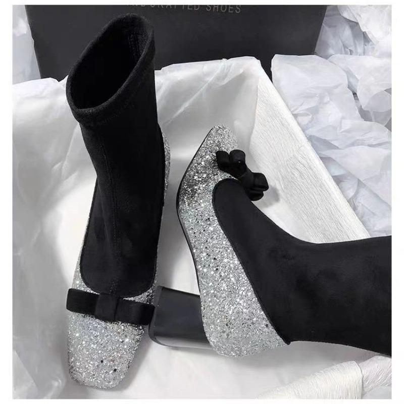 Sequin Booties Women's Fashion Square Toe Bow Paneled Non-Slip Wear-Resistant Skinny Boots
