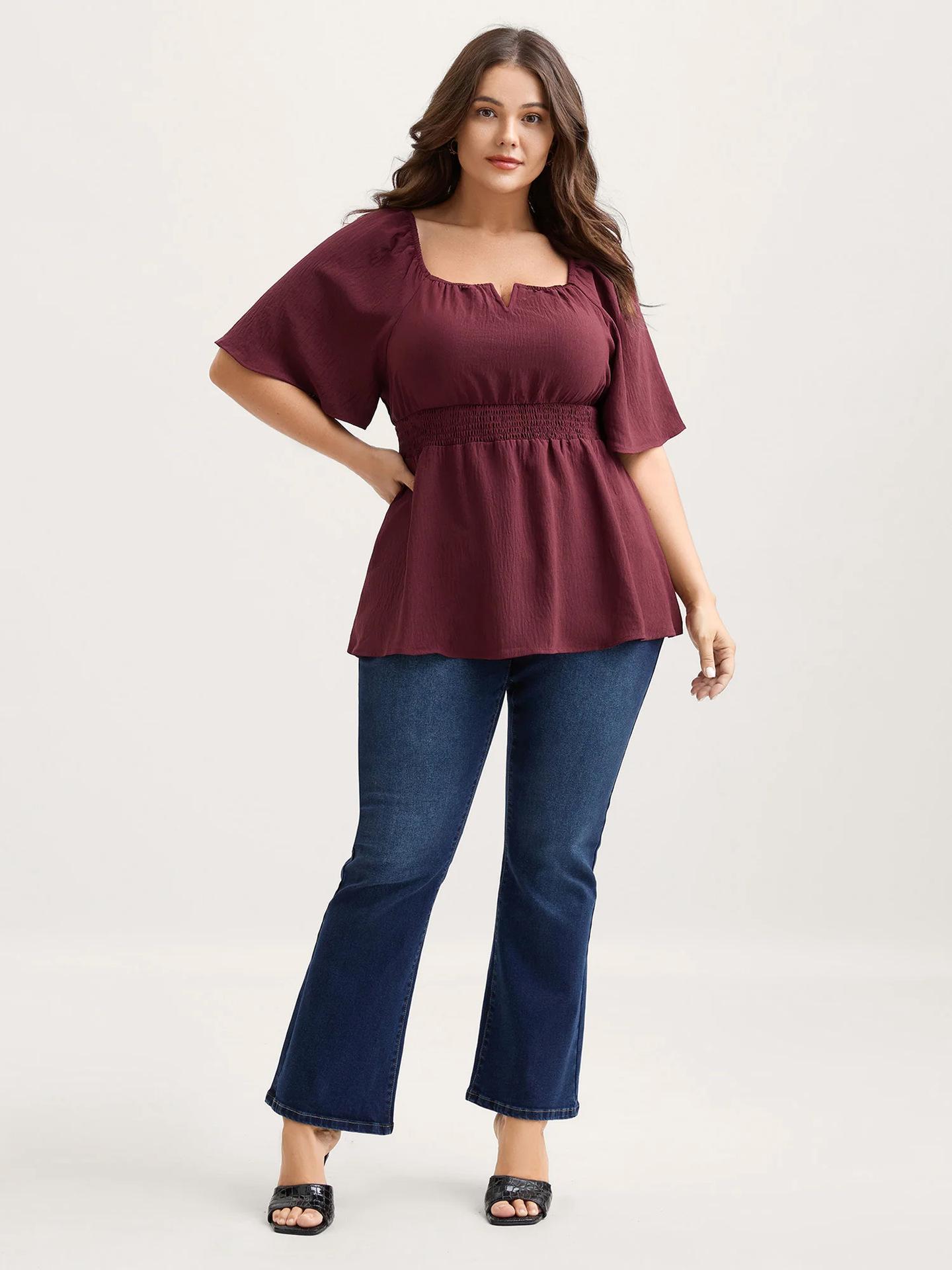 

Burgundy Retro Bell Sleeve Top, Plus Size Women s Square Neck with Cinched Waist XL бордовый