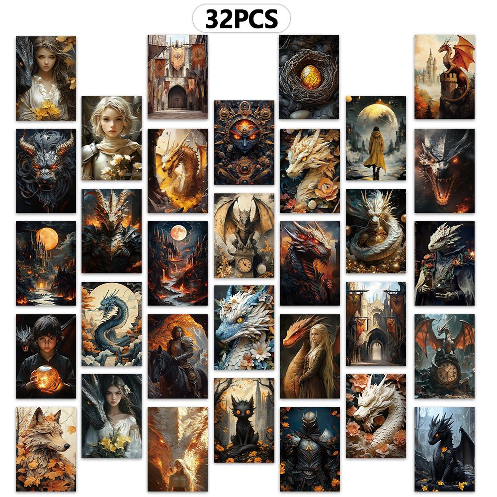 32pcs, vintage dragon and knight postcards, perfect for birthday/anniversary gifts, suitable for collecting, giving, and mailing