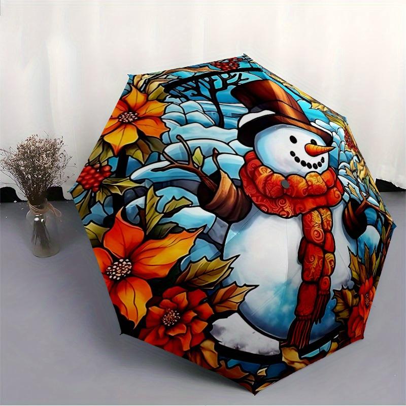 1pc Snowman Pattern Automatic Opening/Closing Folding Umbrella with 50 Ribs, Plastic Handle, Windproof Portable Sunshade Umbrella Halloween