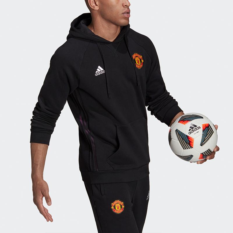 adidas Manchester United Embroidered Logo Hoodie, Men Casual Football Long Sleeve Tops Black GR3909