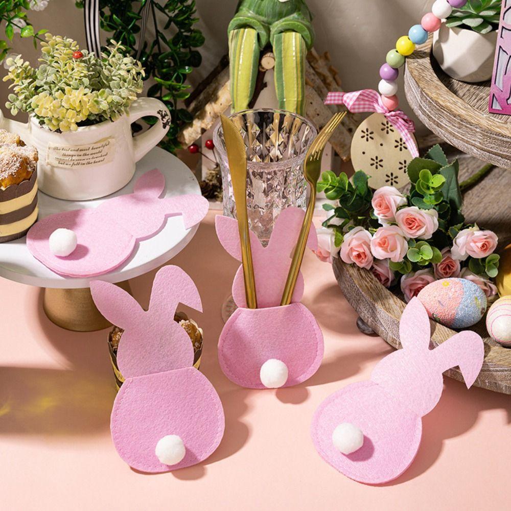 4pcs Rabbit Easter Fork Bag Reusable Cutlery Holder Bag Cute Easter Bunny Utensil Holder  Felt