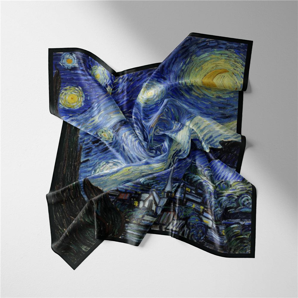 POBING Twill Silk Scarf Woman Van Gogh Print Square Scarves Wraps Bandana Small Hijabs Foulards Tie Headband Neckerchief 53CM