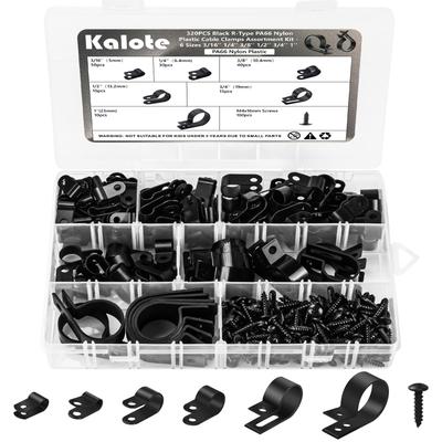 320PCS Black R Cable Clips-6 Sizes Premium PA66 Nylon | High Temp Resistant |  Wire Management Clamps
