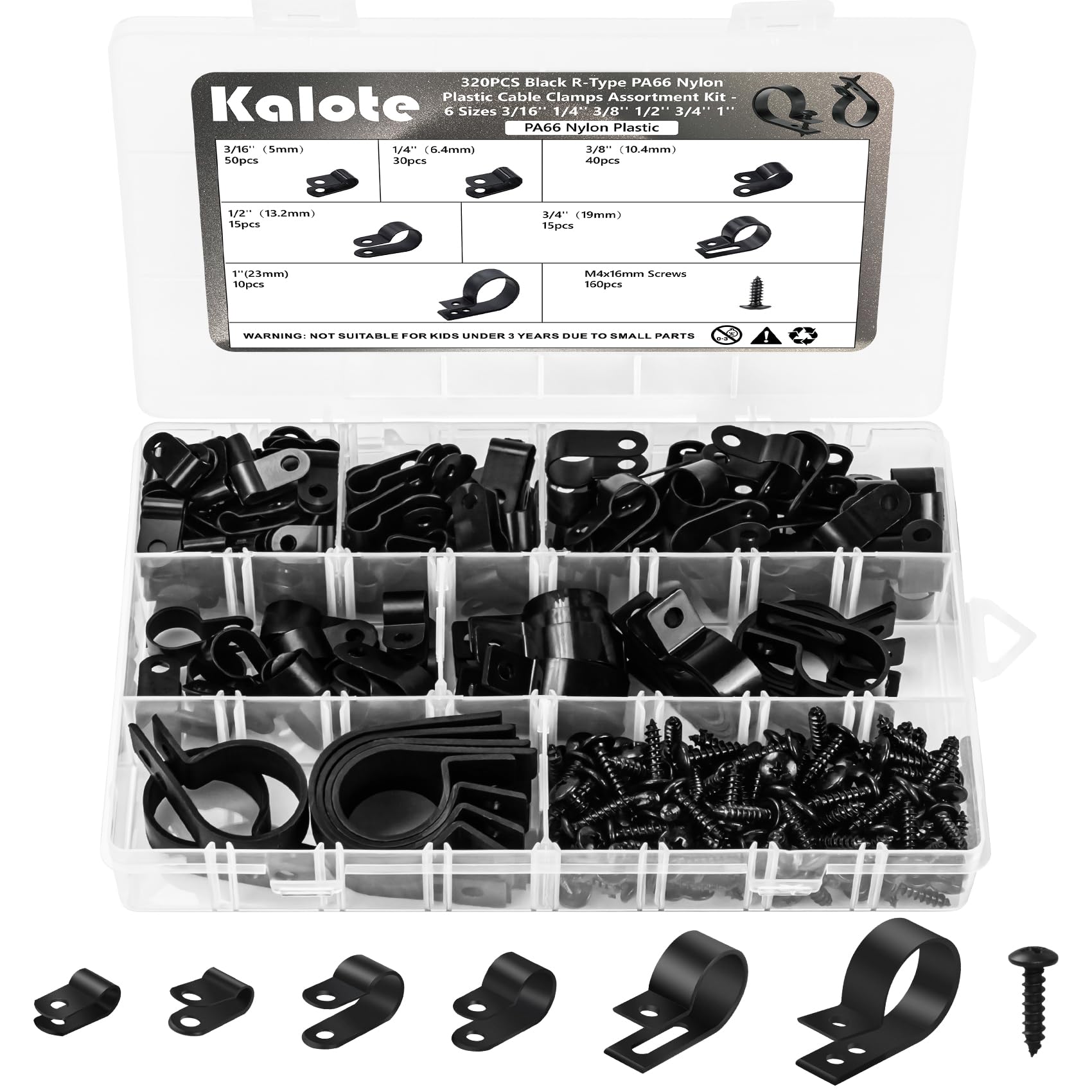 

320PCS Black R Cable Clips-6 Sizes Premium PA66 Nylon | High Temp Resistant | Wire Management Clamps One Size чорний