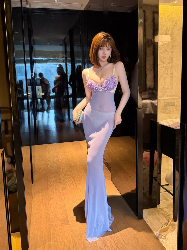 Elegant Purple Nightclub See-Through Gown with Push-Up Cups and Pearl Flower Accents - Mermaid Skirt Design