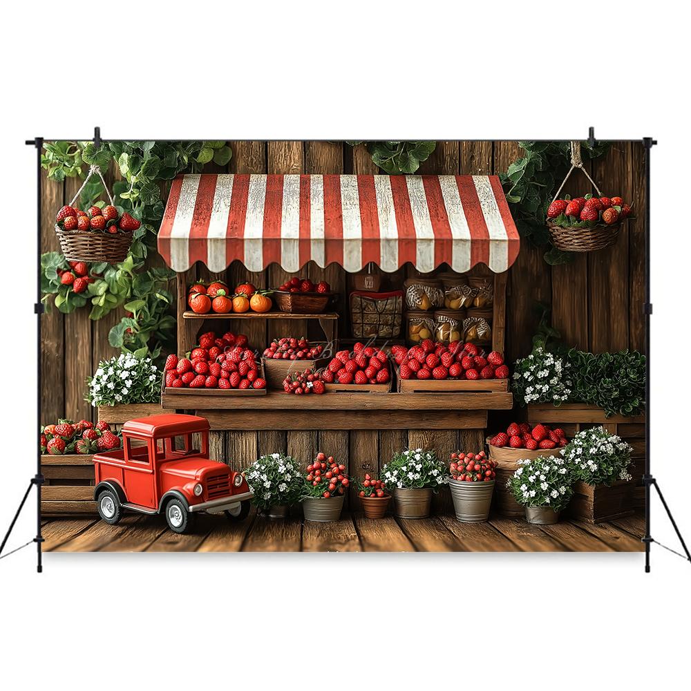 Rural Barn Door Strawberry Themed Birthday Party Background, Children's Birthday Party Decoration Photography Studio Background