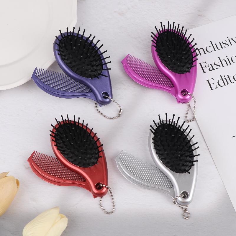 3-In-1 Portable Hair Brush With Mirror And Flat Top Comb Foldable Dual-Use Massage Feature Trendy Air Cushion Comb