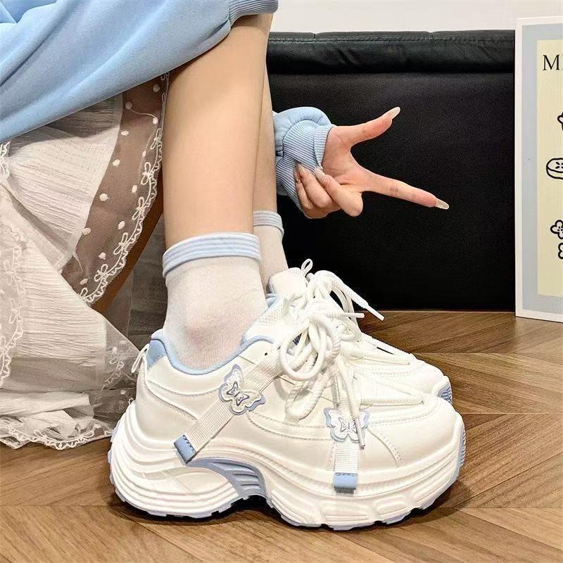 Blue Butterfly Sneakers Women'S Popular Fashion Versatile Casual Shoes Hong Kong Style Platform Dad Shoes Women