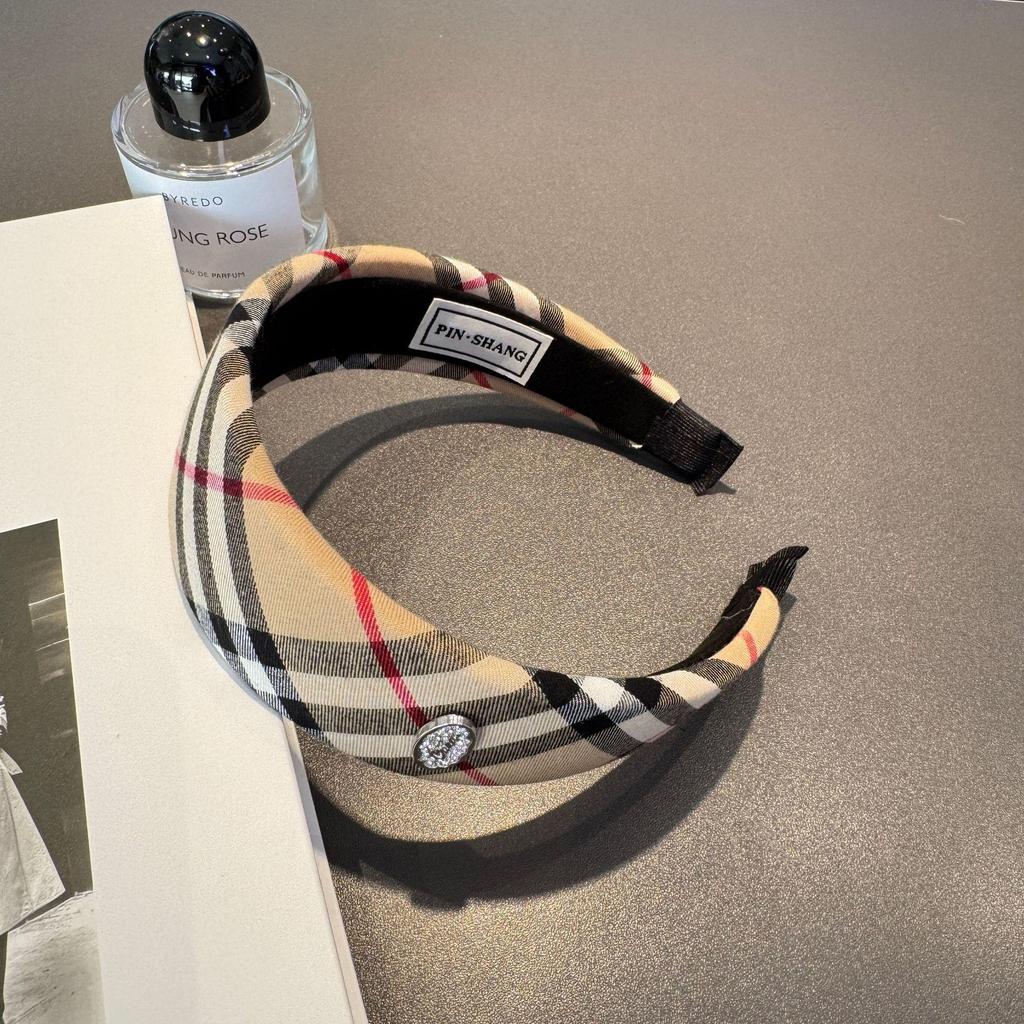 Damen Retro Karomuster Schwamm Stirnband - Französischer Erdfarbton, Vielseitiges breites Haarband für Herbst/Winter, Hongkong-Stil