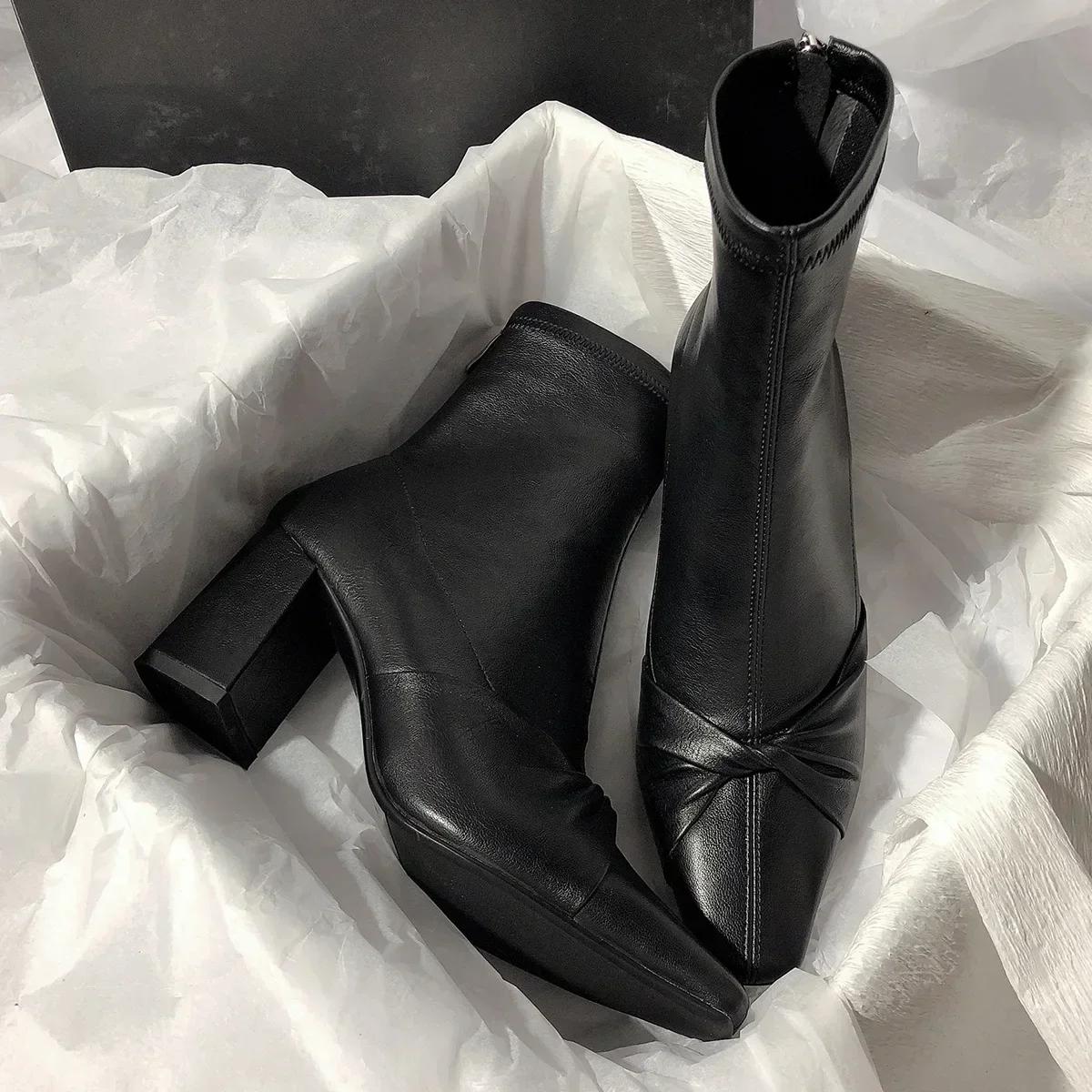 

Женские ботинки 2025 Зима Супер Высокий Каблук Туфли Платье Бант Острый Носок Ретро Ботильоны Массивный Каблук Эластичные Короткие Ботас Де Мухер 40