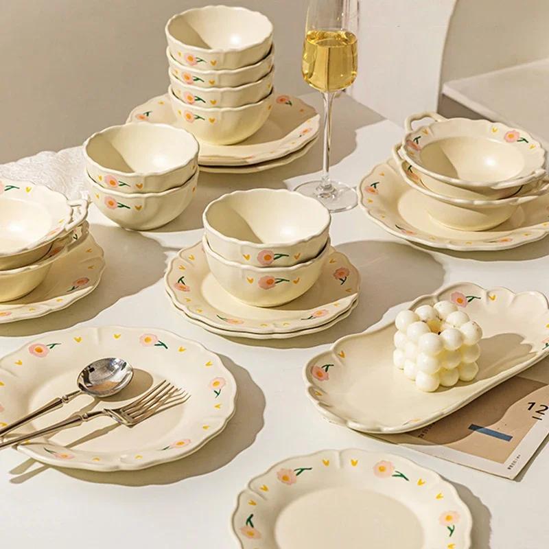 Retro-Blumen-Keramikteller, modisch, kreativ, köstliche Suppenschüssel, für Zuhause, Nachmittagstee, Dessert, Obstteller, exquisiter Fischteller