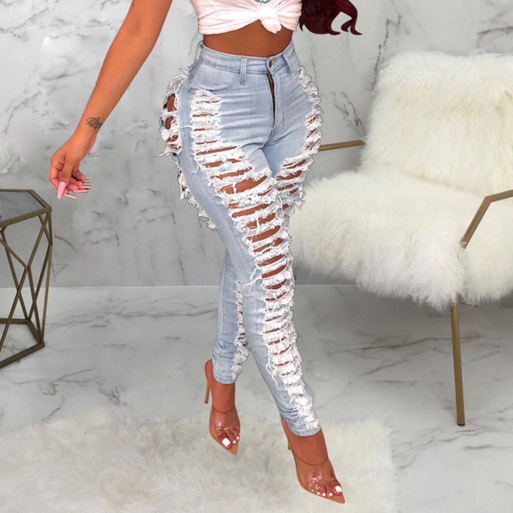 

Женские джинсы с дырками и карманами на молнии, повседневные джинсовые узкие узкие брюки-карандаш XXL светло-синий