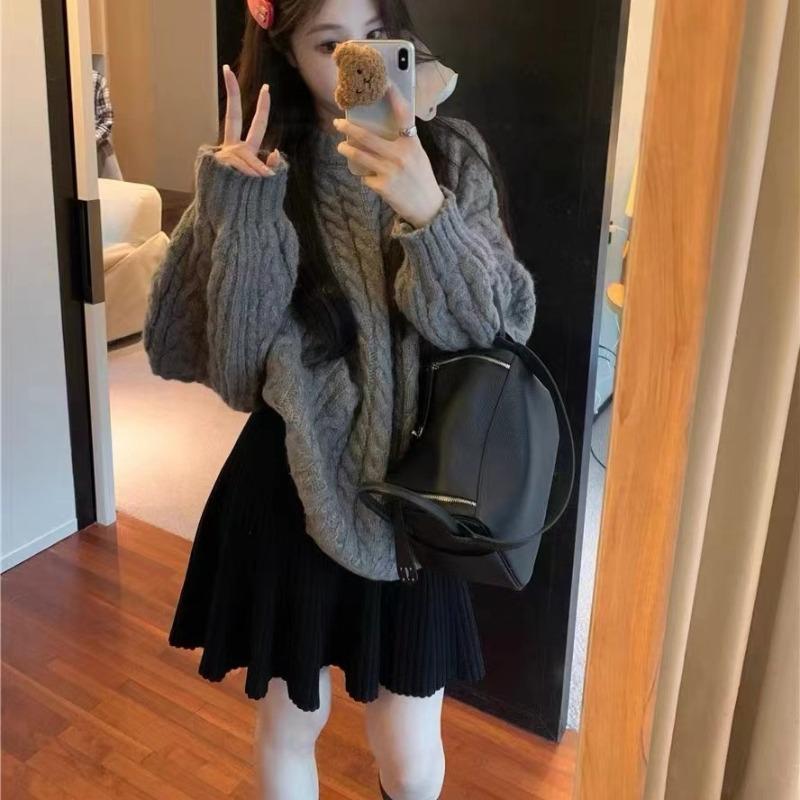 Red Twist Crew Neck Medium and Long Thickened Winter Lazy Wind Loose Top Plus Fat Large Size Knitted Sweater for Women