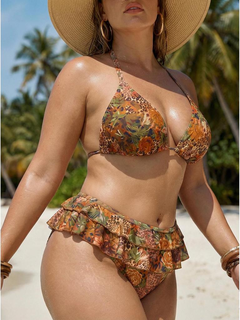 Europäischer & Amerikanischer 2026 Bedruckter Bikini: Sexy Schlankmachende Zweiteilige Badebekleidung in Übergröße für Damen für den Strand.