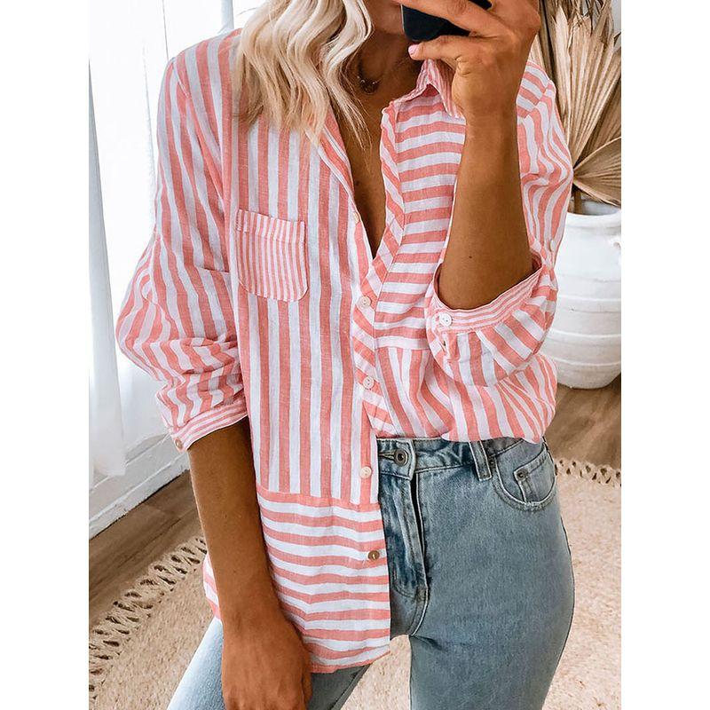 Early Spring 2025 New Arrival Work Clothing All-Matching Striped Shirt Women Fashion Fashion Colorblock Single-Breasted Long Sleeve Shirt Women