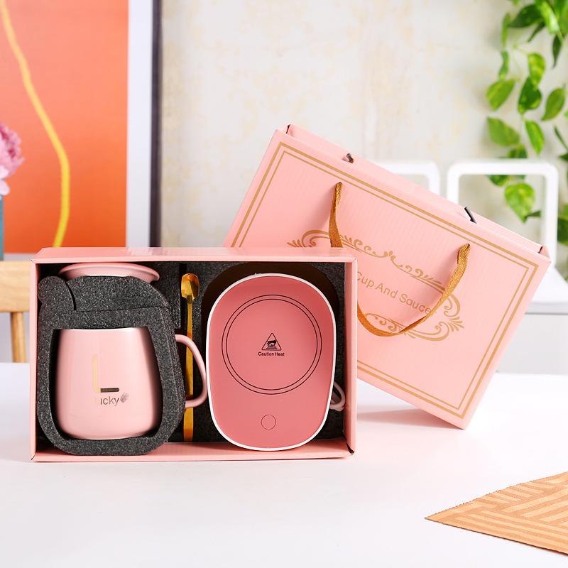 Fashion Home 55stupňový termostatický šálek pro domácnost USB keramický termostatický ohřev šálek Hrnek na šálek kávy s krytem na lžičku