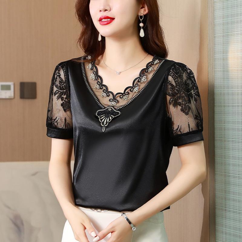 

Футболка с V-образным вырезом и короткими рукавами из сетки для женщин на лето, модная кружевная рубашка в западном стиле, универсальный верх с ощущением атласа 5XL