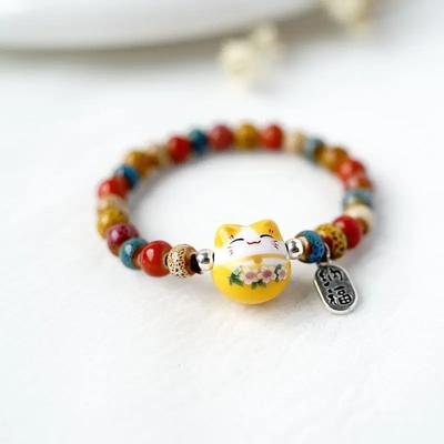 Fashion Cute Cat Bracelet For Girls Adjustable Colorful Beaded Bracelets Harajuku Ceramics Anime Pendant Charm Bracelets Jewelry