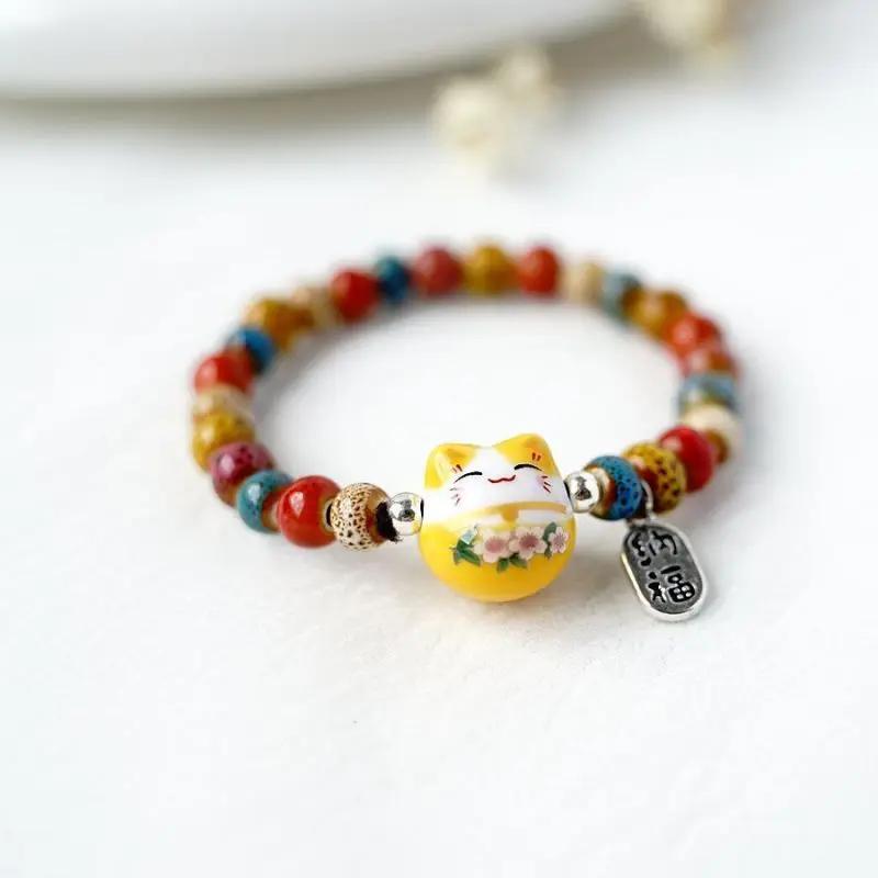 Fashion Cute Cat Bracelet For Girls Adjustable Colorful Beaded Bracelets Harajuku Ceramics Anime Pendant Charm Bracelets Jewelry