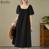 ZANZEA Women Square Collar Loose Casual Summer Short Sleeve Dress