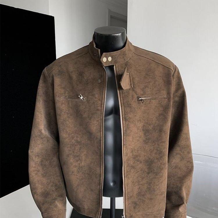 Trendy Brand Maillard Men's Stand Collar Leather Flight Jacket - Autumn Versatile Streetwear Outerwear