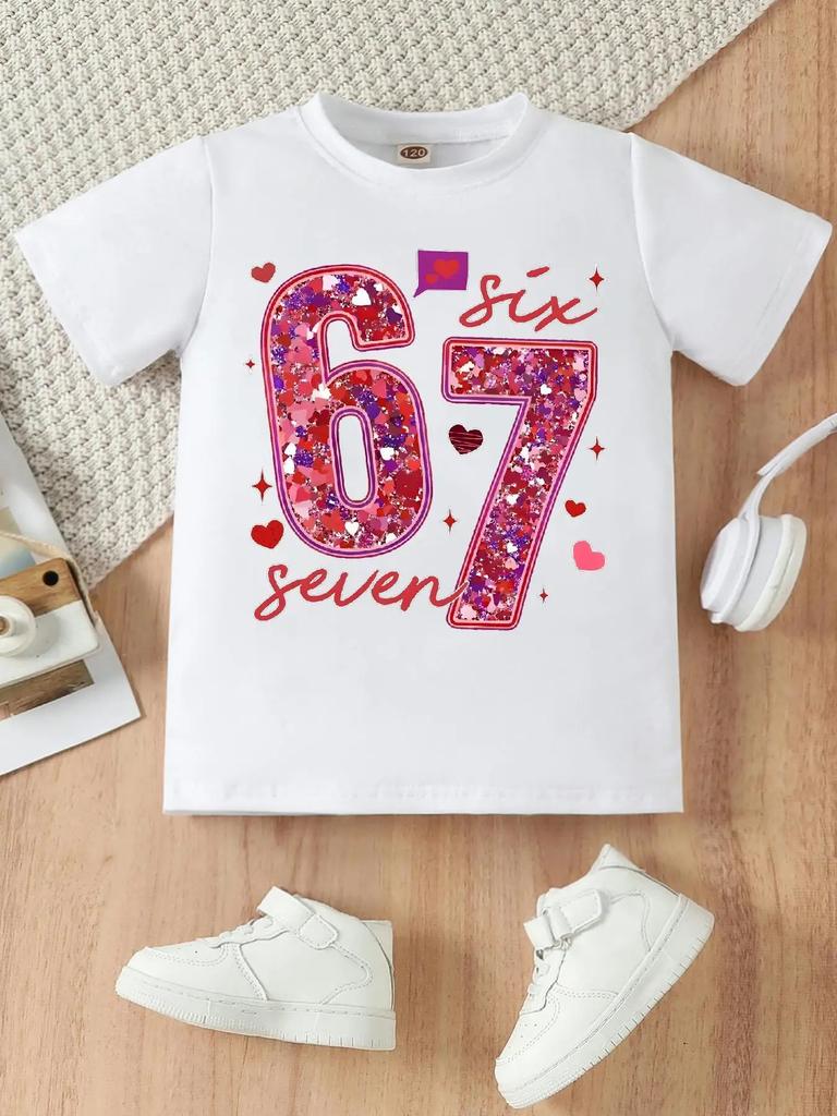 2026 Girls Fashion Pure Cotton TShirt Round Neck Top Number 67 Print Short Sleeve Breathable and Comfortable Sports Top