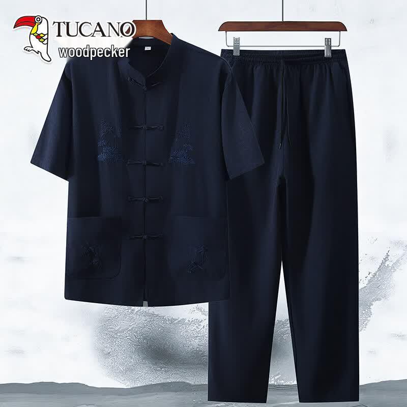 Tucano Men's Chinese Style Ice Silk Short Sleeve Set