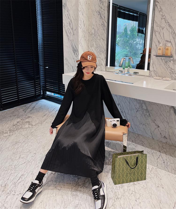 2023 Autumn/Winter Plus Size Patchwork Pleated Long Sleeve Dress for Women