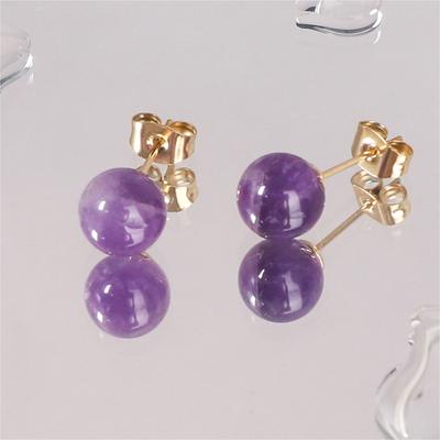 Retro Natürliche Amethyst Titanstahl Ohrringe für Damen Frische und Einfache Ohrringe Mini Runde Perlen Vielseitige Kugelohrringe