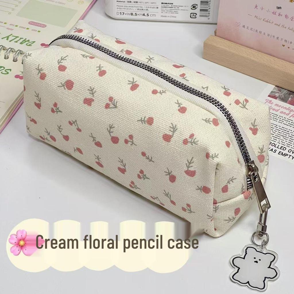 Sevimli Çiçekli Pamuklu Kalemlik - Pastoral Tarz Kırtasiye & Makyaj Çantası