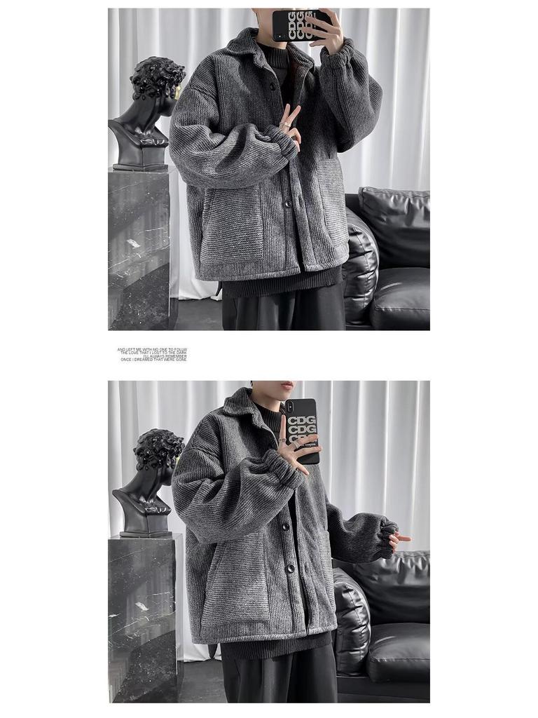 Men's Stylish Woolen Cotton Jacket - Autumn/Winter Velvet Warm, Korean Trend, Couples, Thick and Casual.