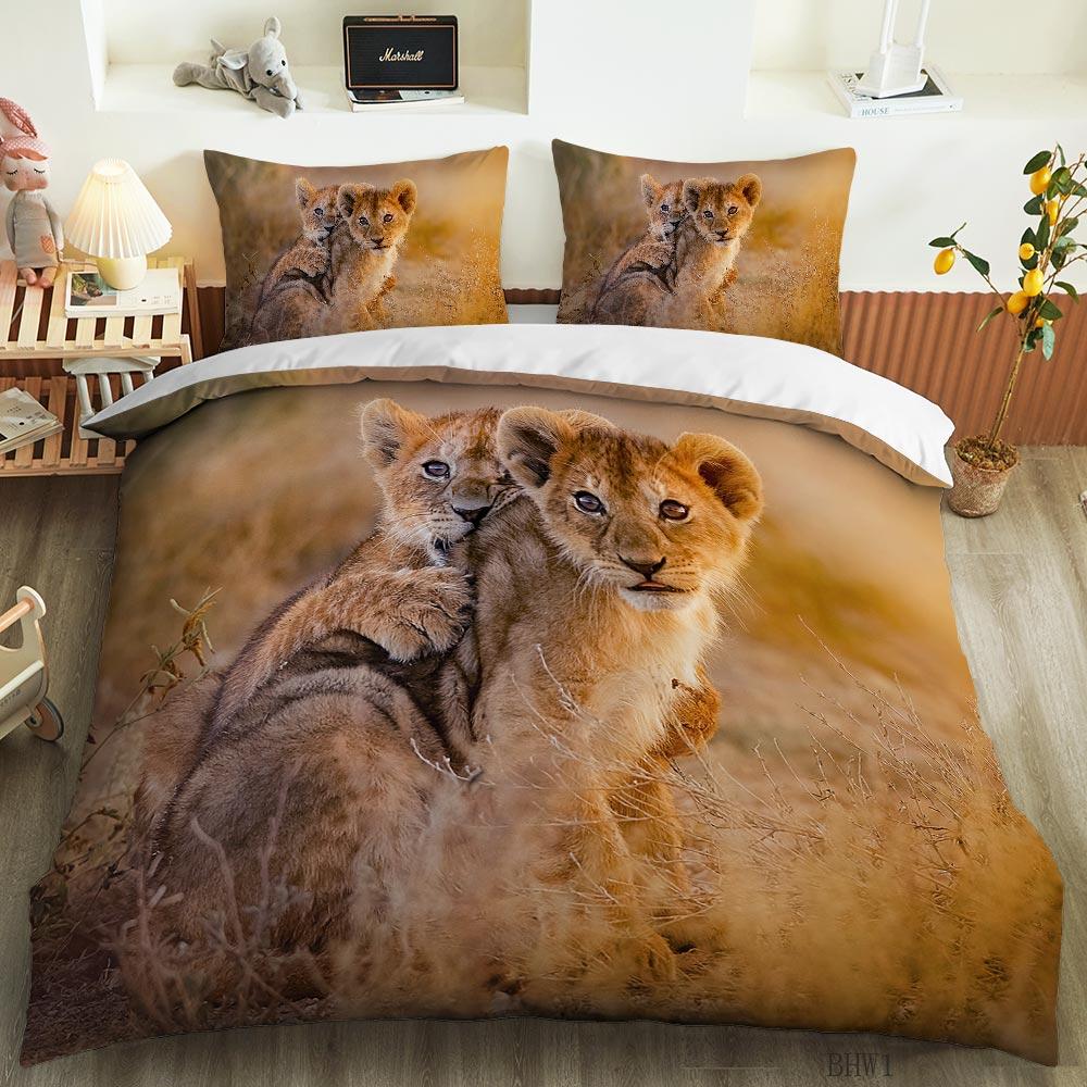 Tiger Lion Leopard Duvet Cover Set Animal Theme 3D Bedding Set King Queen Size For Kids Boy Girl Teens Polyester Comforter Cover