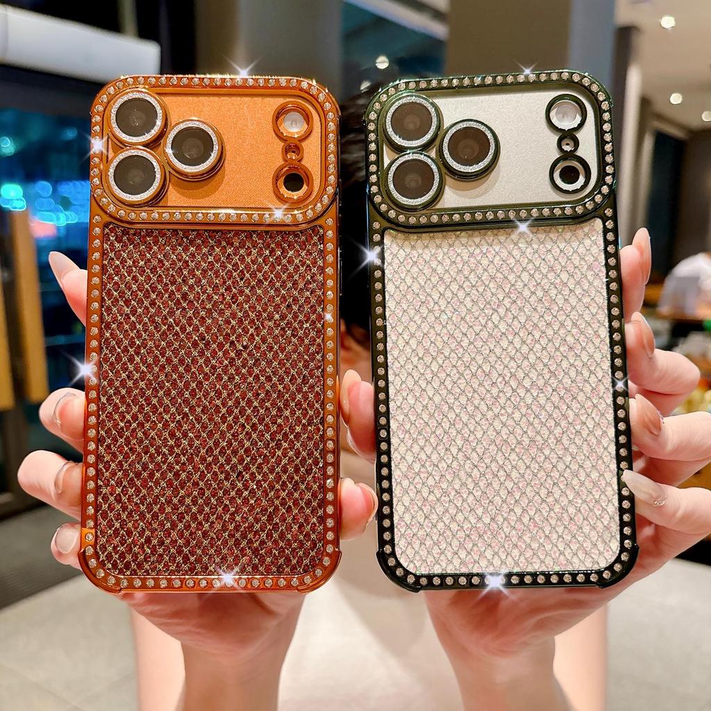 Glitter Diamond Lattice Phone Case with Rhinestones for Apple 17 Pro Max and 16, Four-Corner Drop-Proof, Fits 15