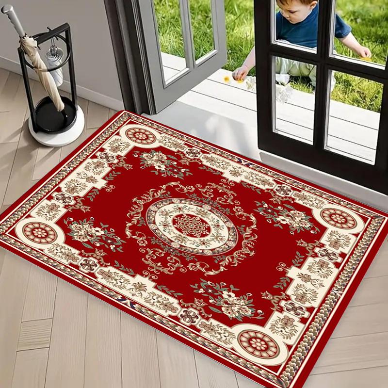 Tappetino d'ingresso tradizionale con medaglione orientale, Tappetino da pavimento con bordo floreale rosso per ingresso, bagno, Tappeto decorativo per la casa persiano vintage
