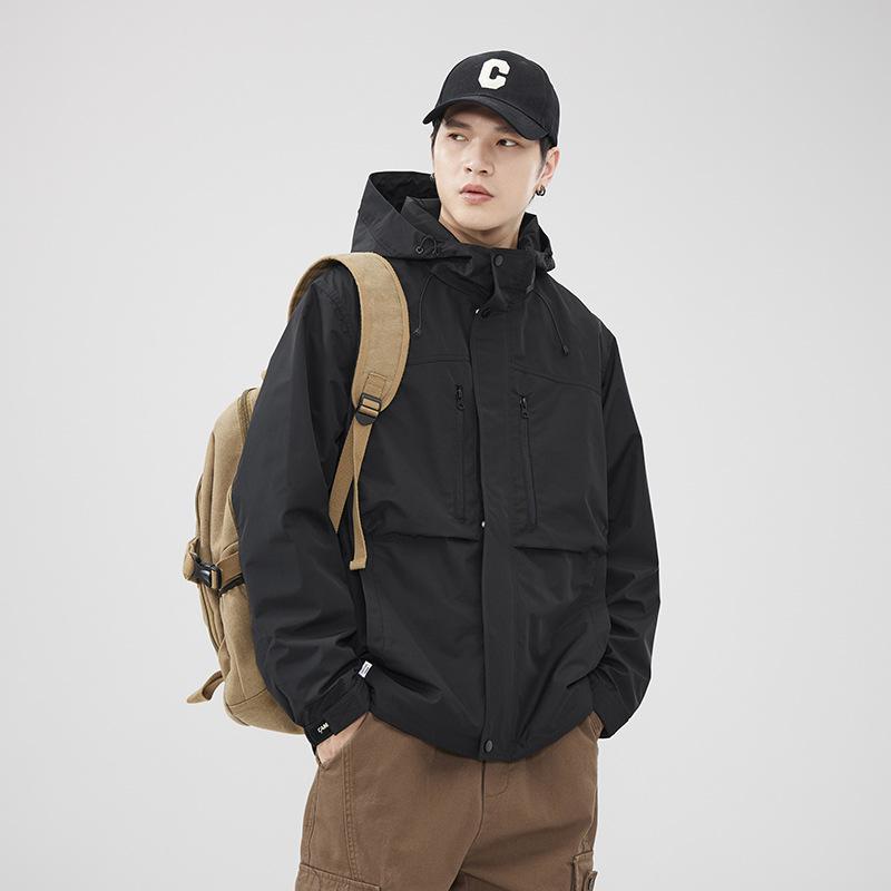 Black Tooling Jacket Men'S Loose Large Size Outdoor Windproof Hooded Splicing Casual Jacket Trendy Brand