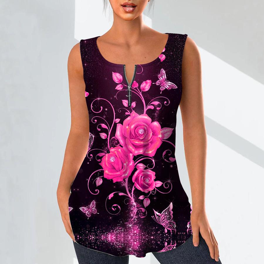 

Женские модные рубашки с v-образным вырезом, повседневные топы, футболка, женский жилет с 3D принтом розовой розы, блузка без рукавов больших размеров, топы на бретелях
